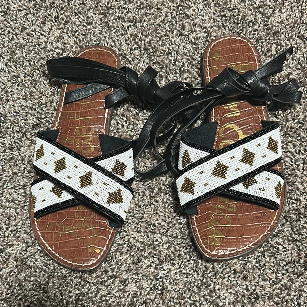 Sam Edelman Black, White & Brown Beaded Leather Sandals